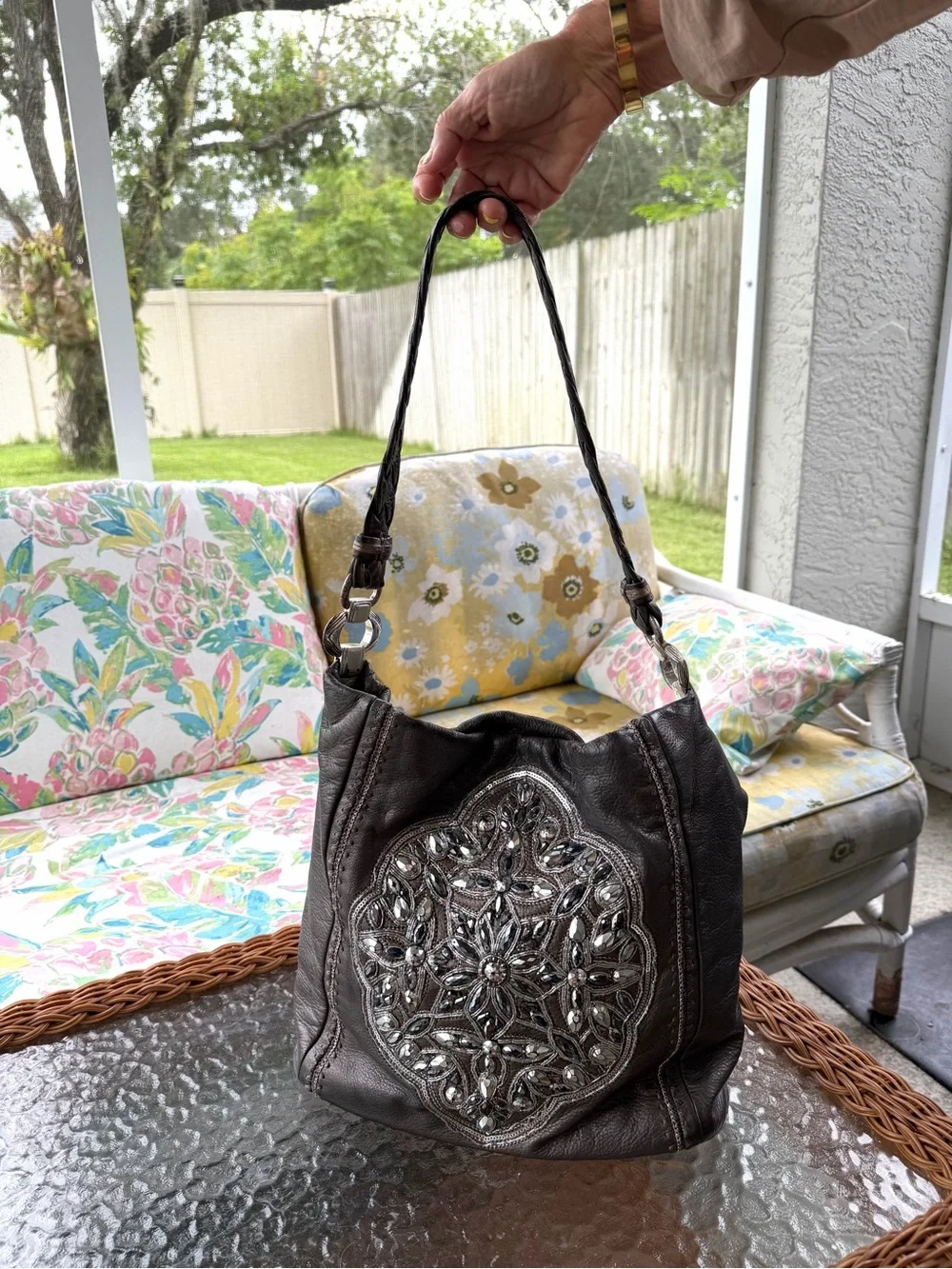Brighton Anju Masterpiece Collection Pewter Leather Jeweled Shoulder Hobo Bag